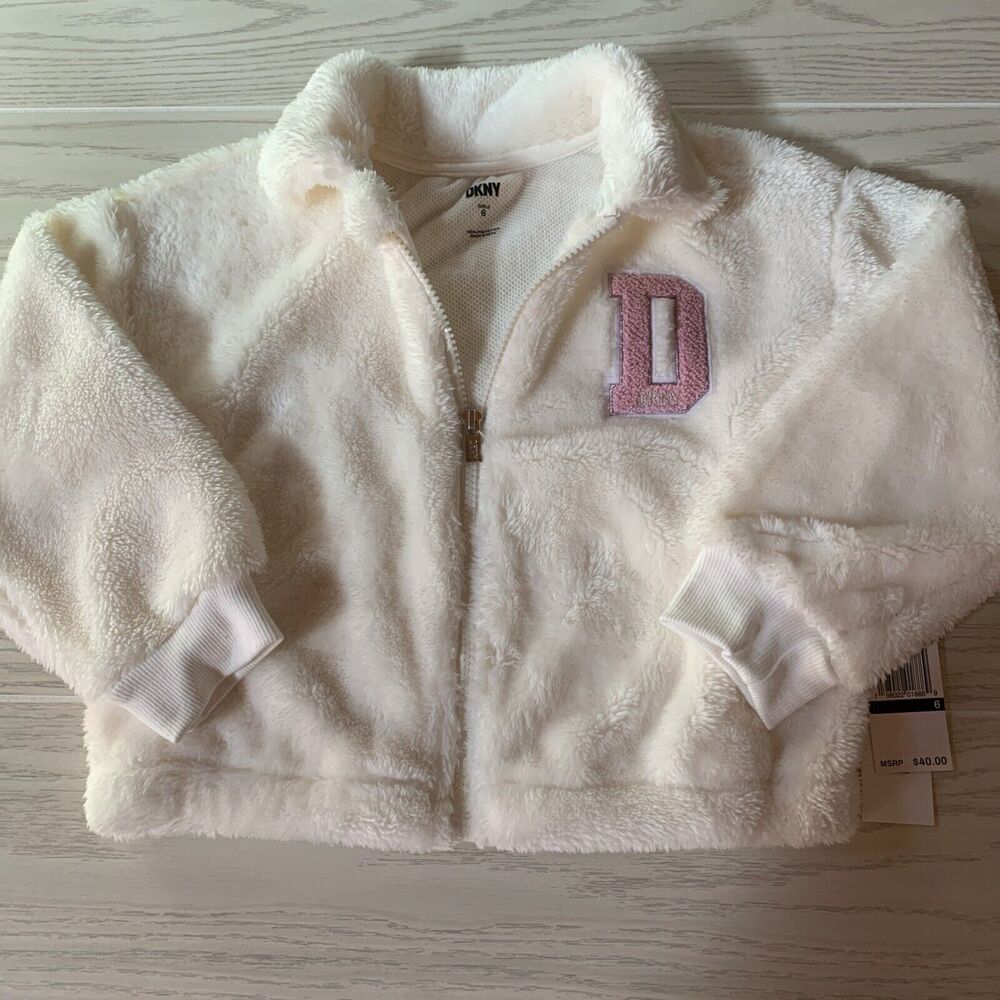 DNKY Girls Size 6 Shirt White Pink Fluffy‎ Zip Up